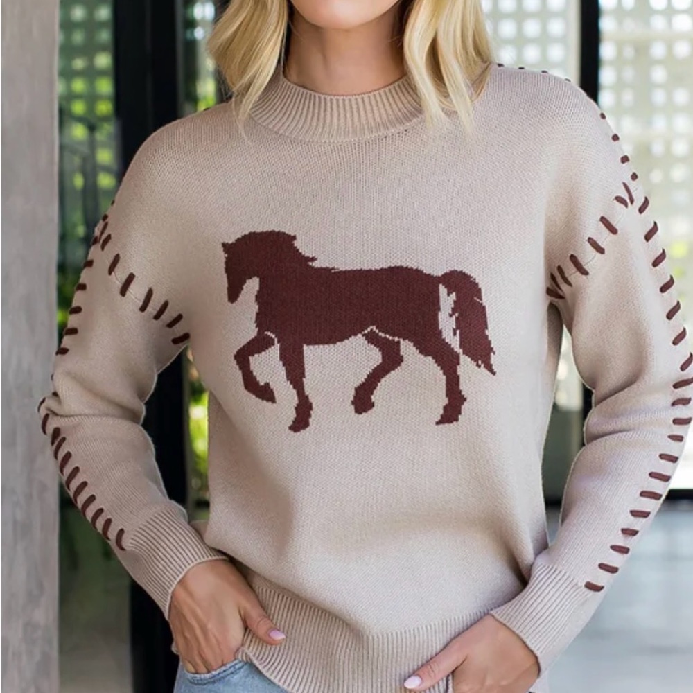 THML Beige Crewneck Sweater with Brown Horse Motif